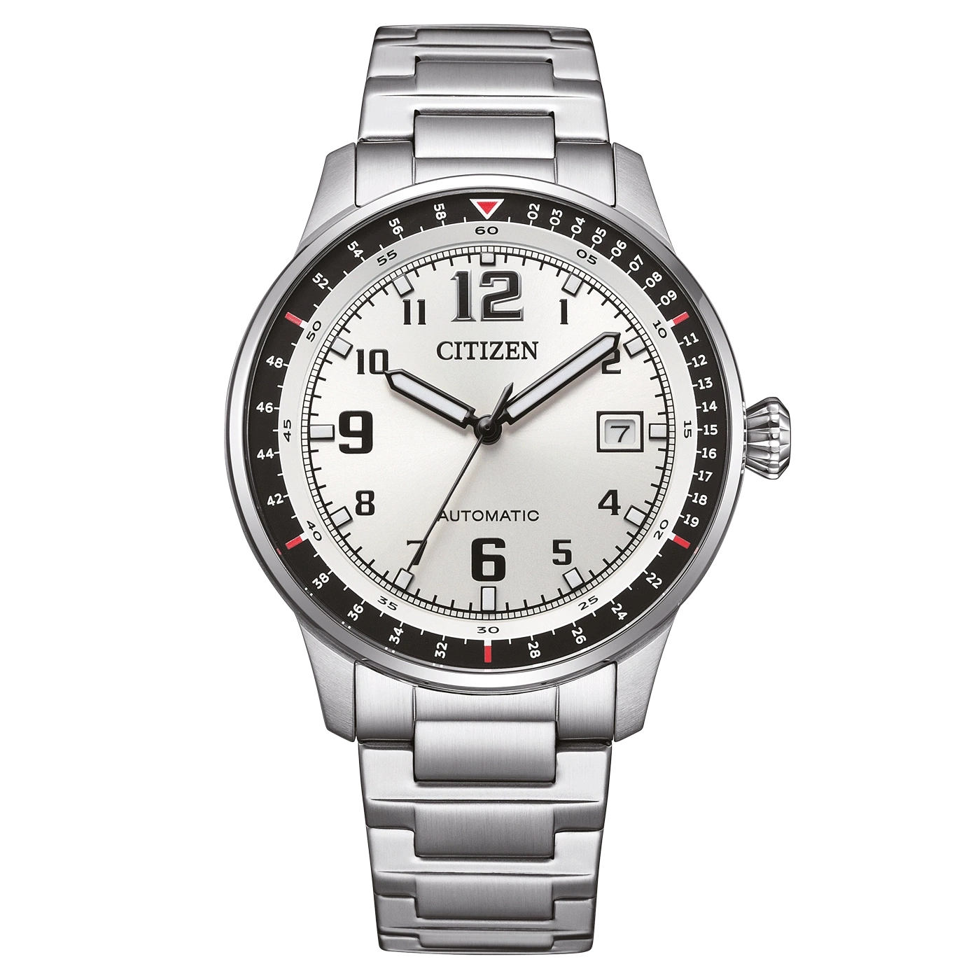 Citizen watch with silver band and white face, automatic movement.