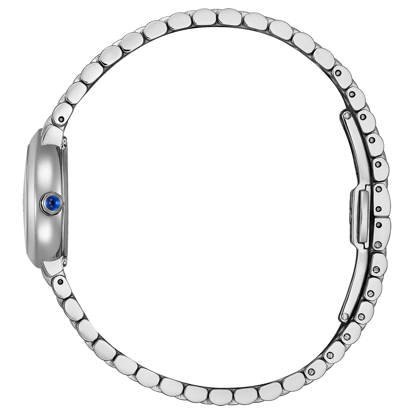 A side view of a silver watch with a blue gem on the side.