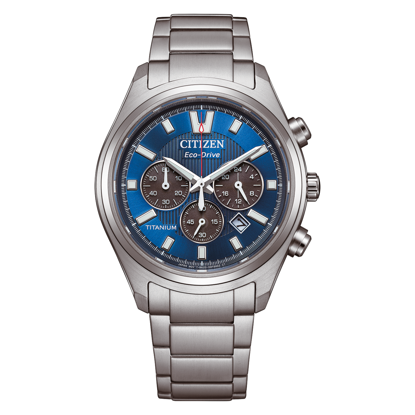 A close-up of a silver Citizen Eco-Drive titanium chronograph watch with a blue dial.