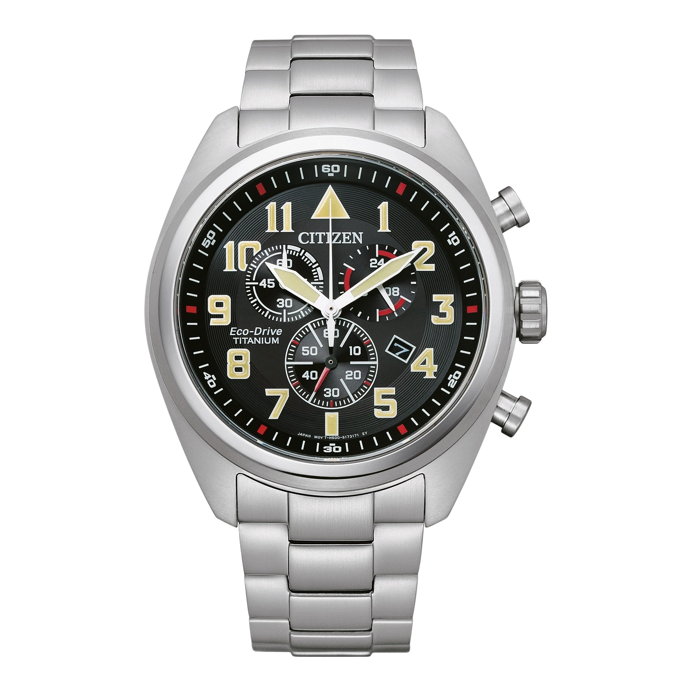 Citizen watch with black dial, titanium, chronograph, and silver bracelet.