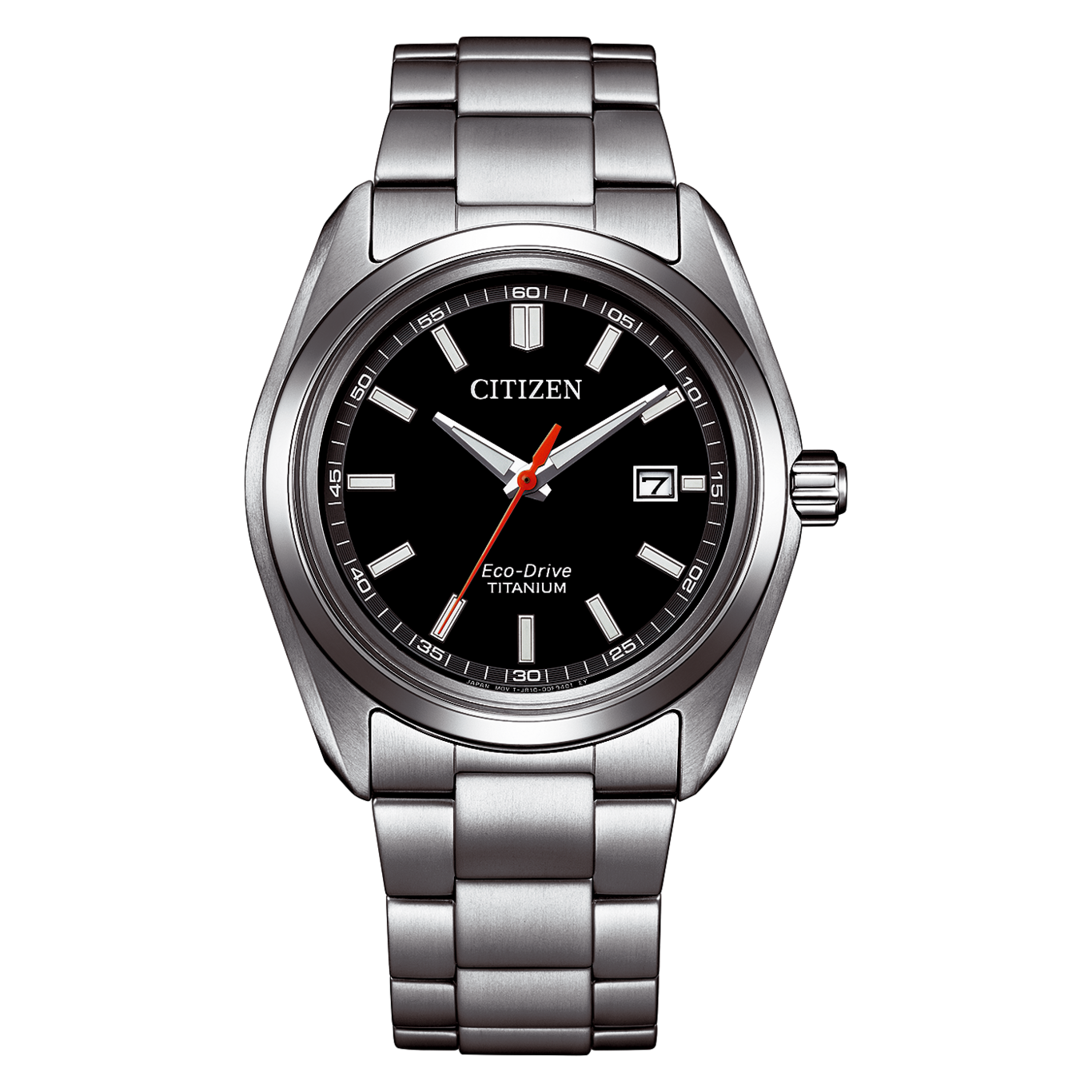 A Citizen Eco-Drive Titanium watch with a black face and silver band.