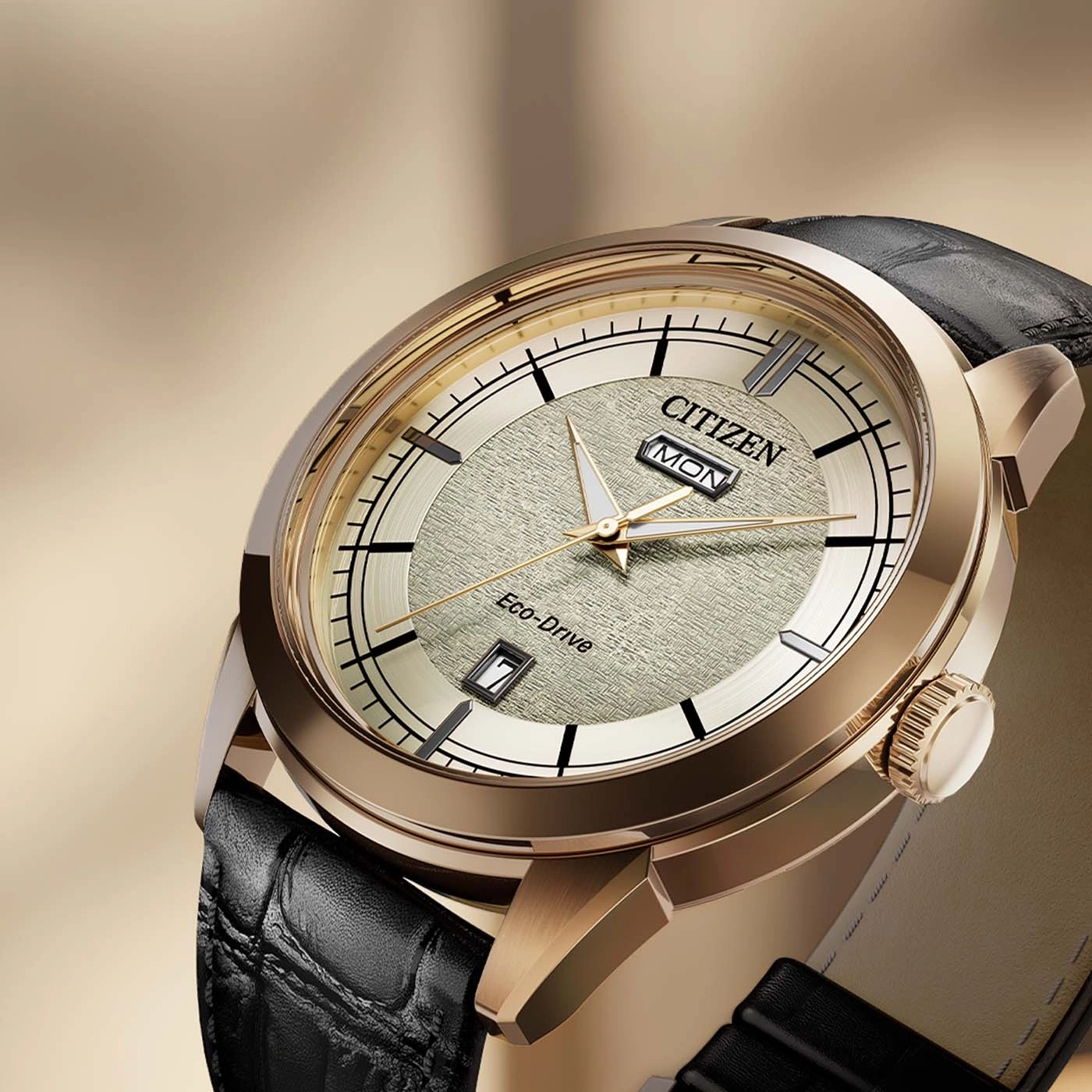 Close-up of a Citizen Eco-Drive watch with a gold dial and black leather strap.