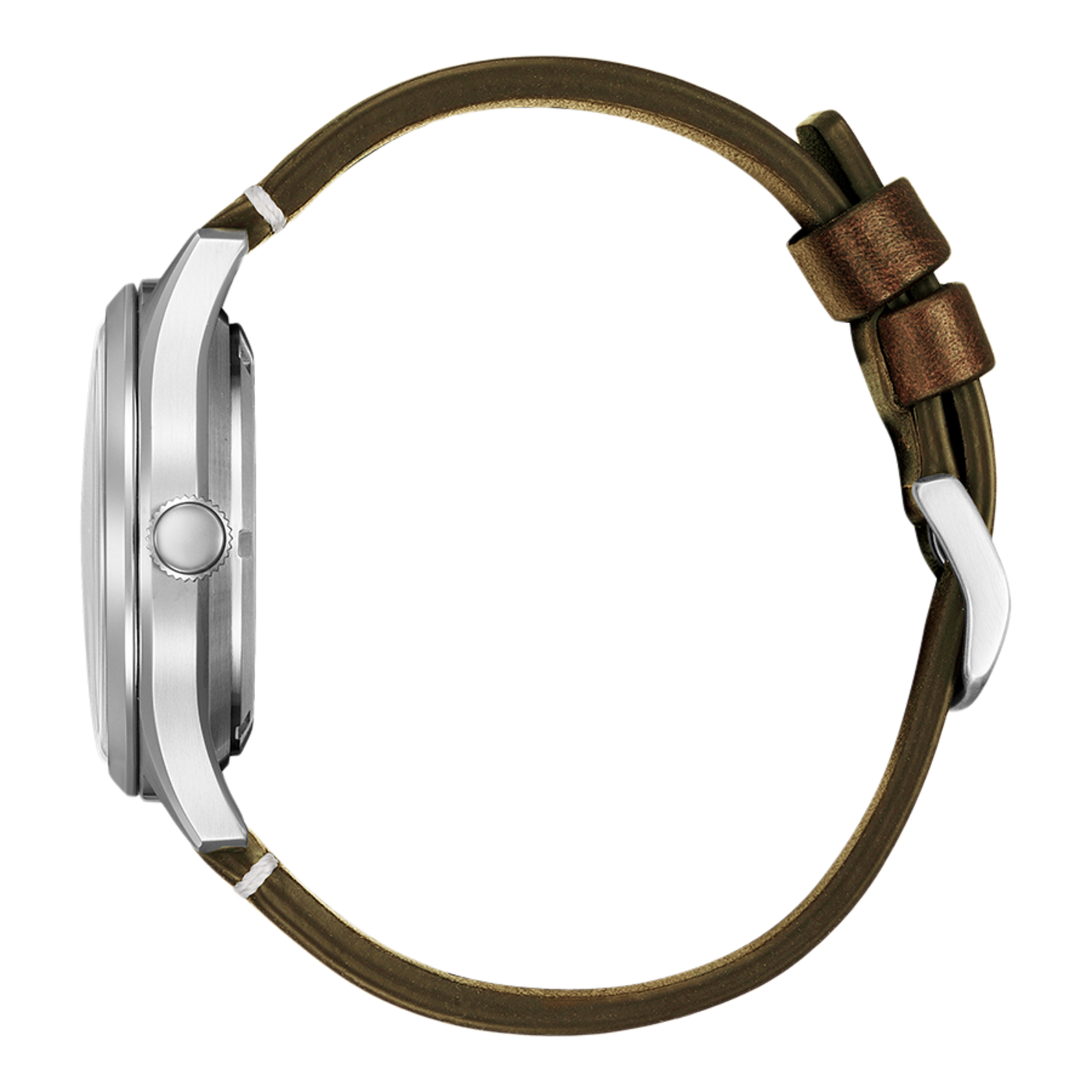 Side view of a silver watch with a brown leather strap.