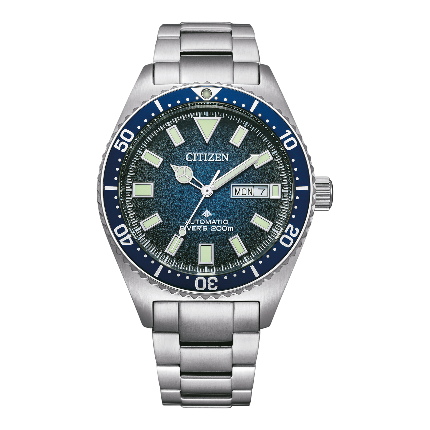 Citizen watch with blue bezel and silver strap, showing the day and date.