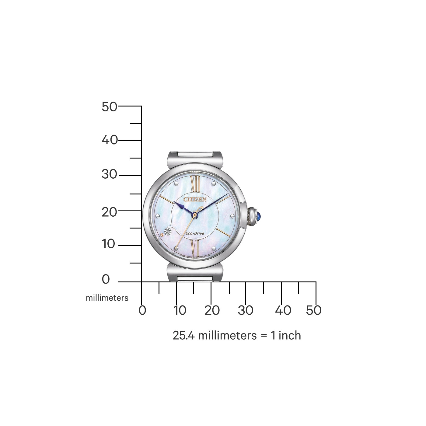 Citizen watch with Eco-Drive, silver, and a scale in millimeters.