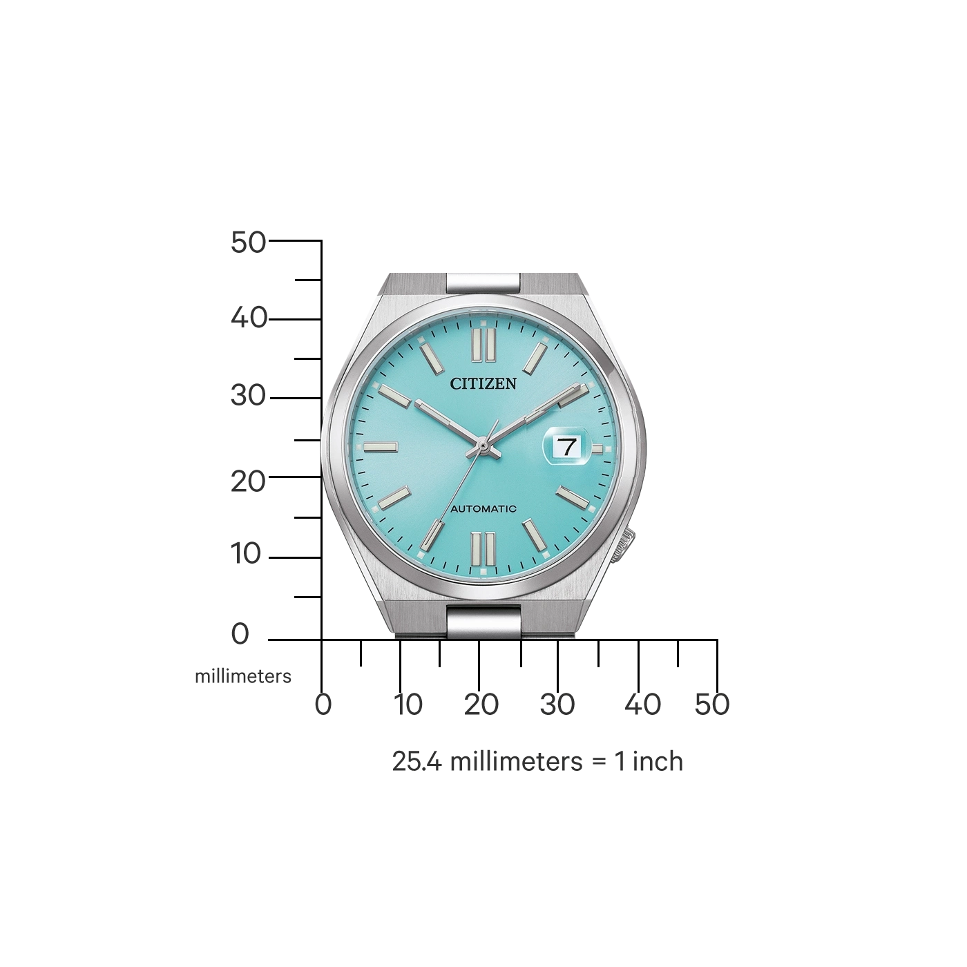 Citizen watch with a turquoise face, automatic, and a date display.