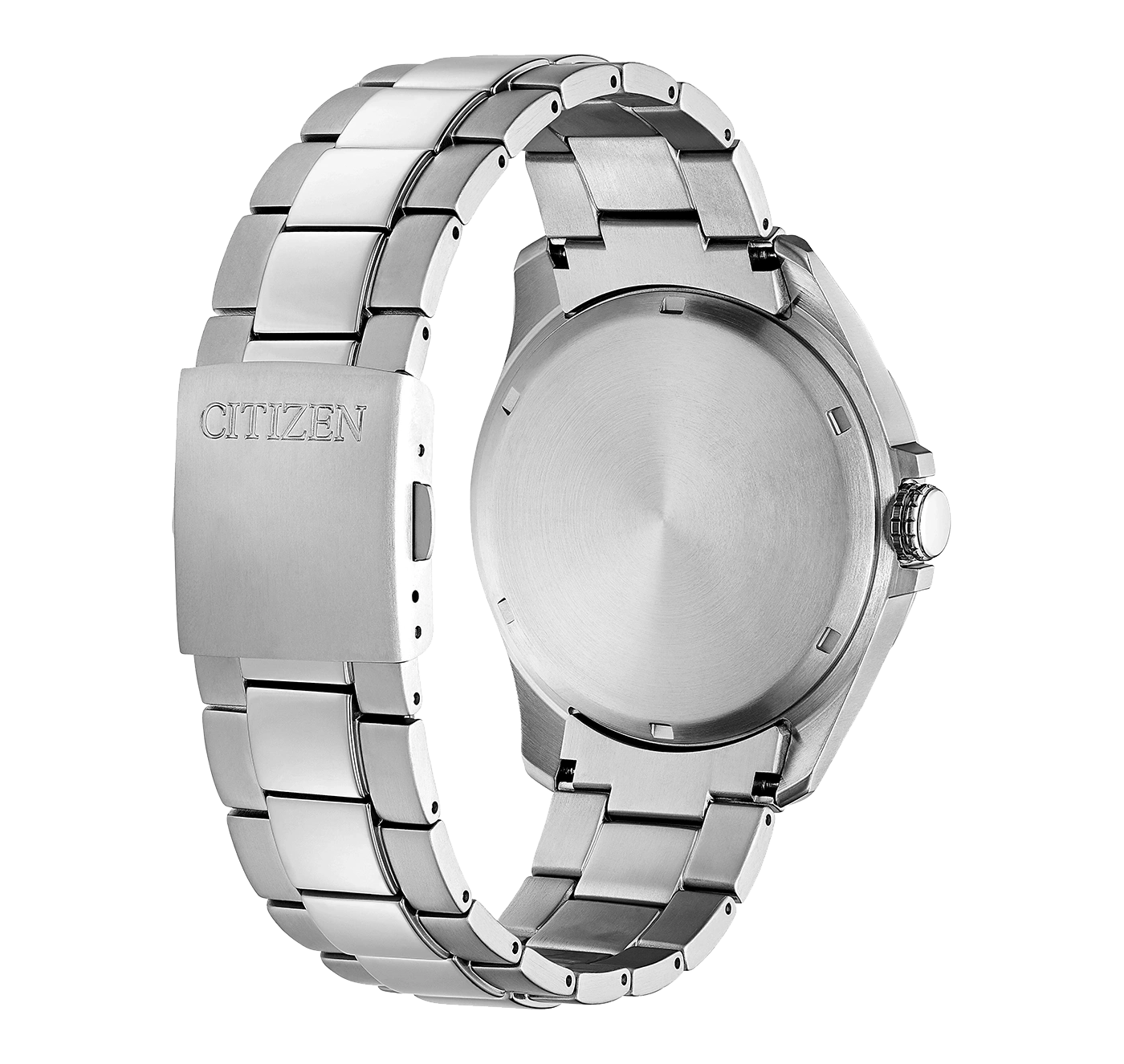 Citizen watch back, stainless steel band, clasp with brand name, close-up shot
