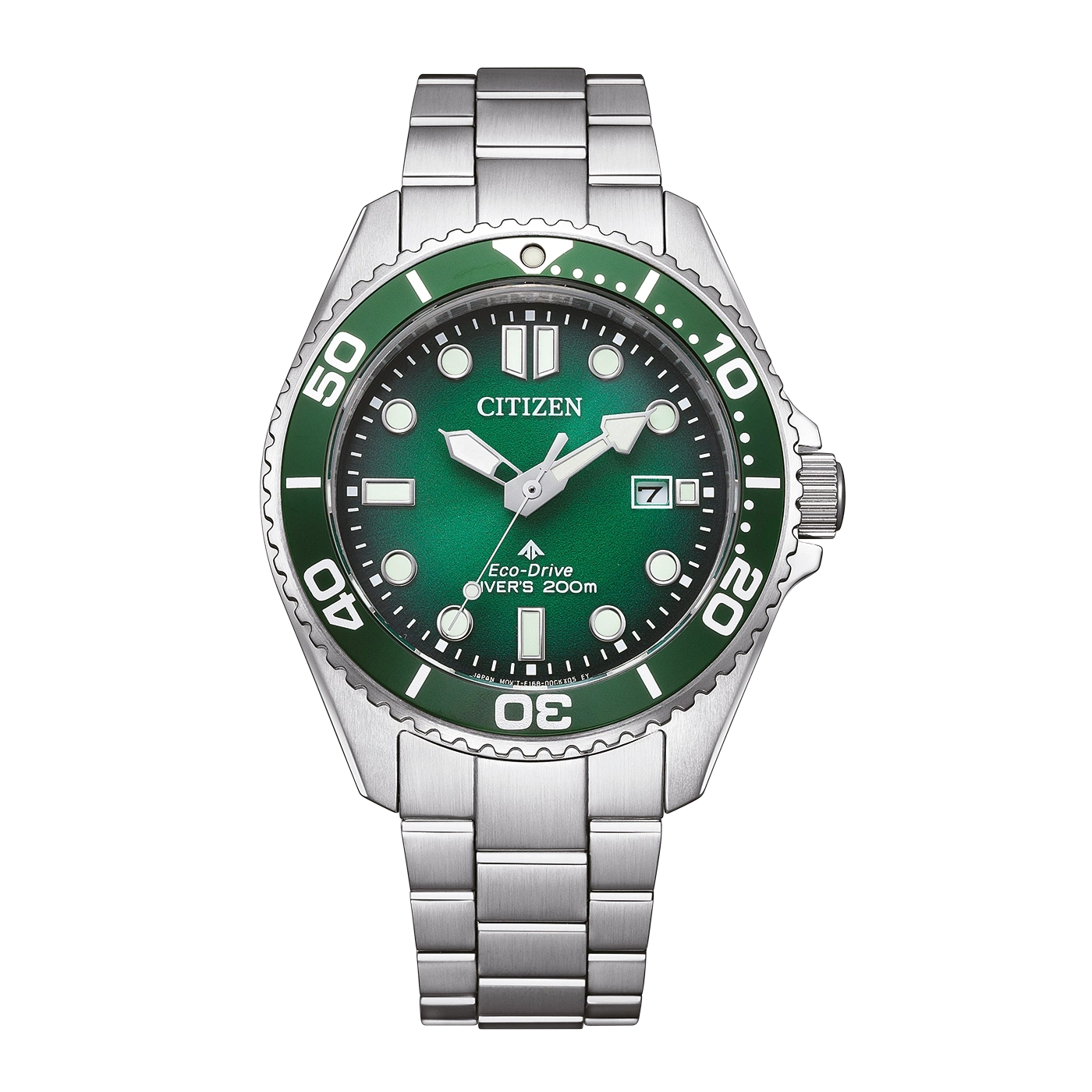 Citizen watch with green dial and bezel, stainless steel bracelet