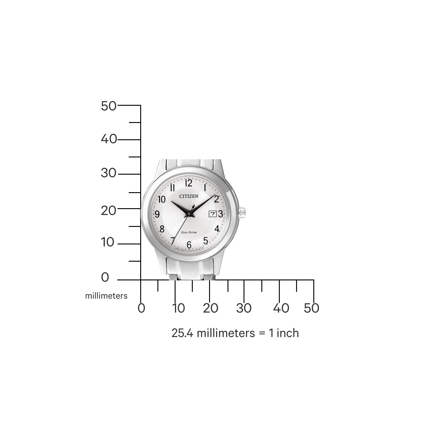 Citizen watch with a white face and silver band, showing time.