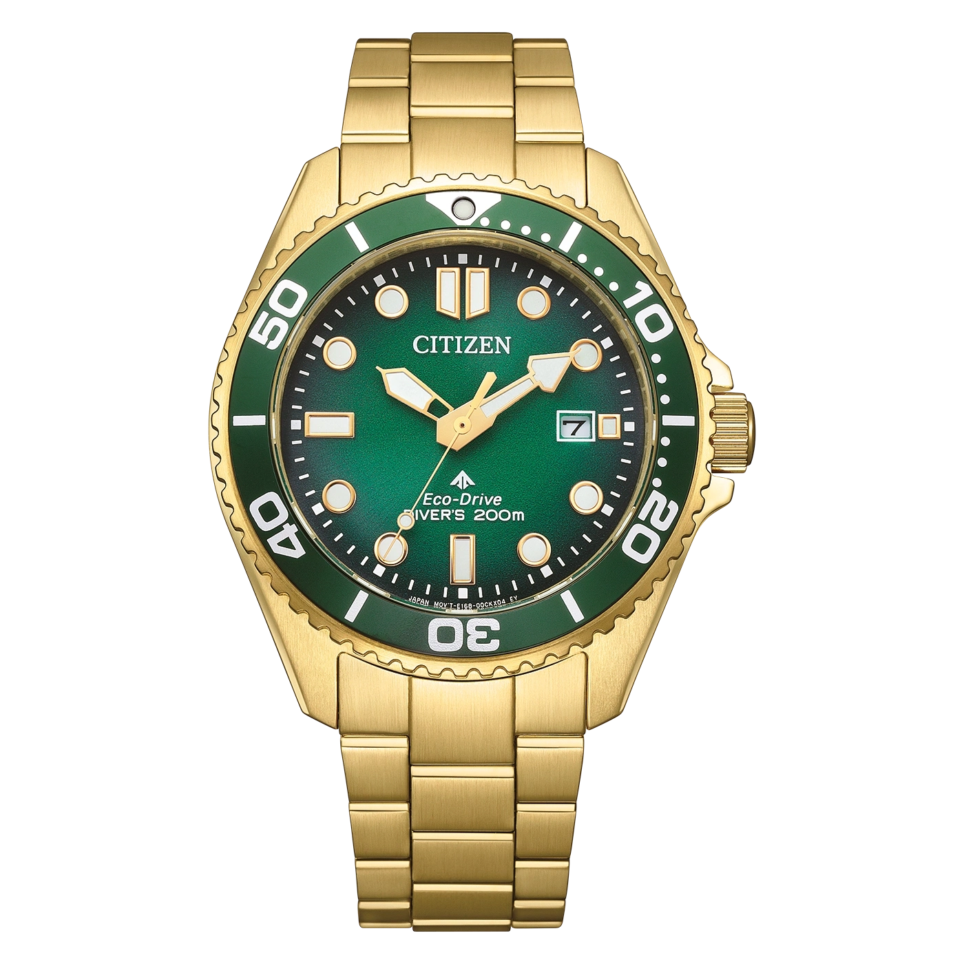 Gold Citizen watch with green dial and bezel, showing time and date.
