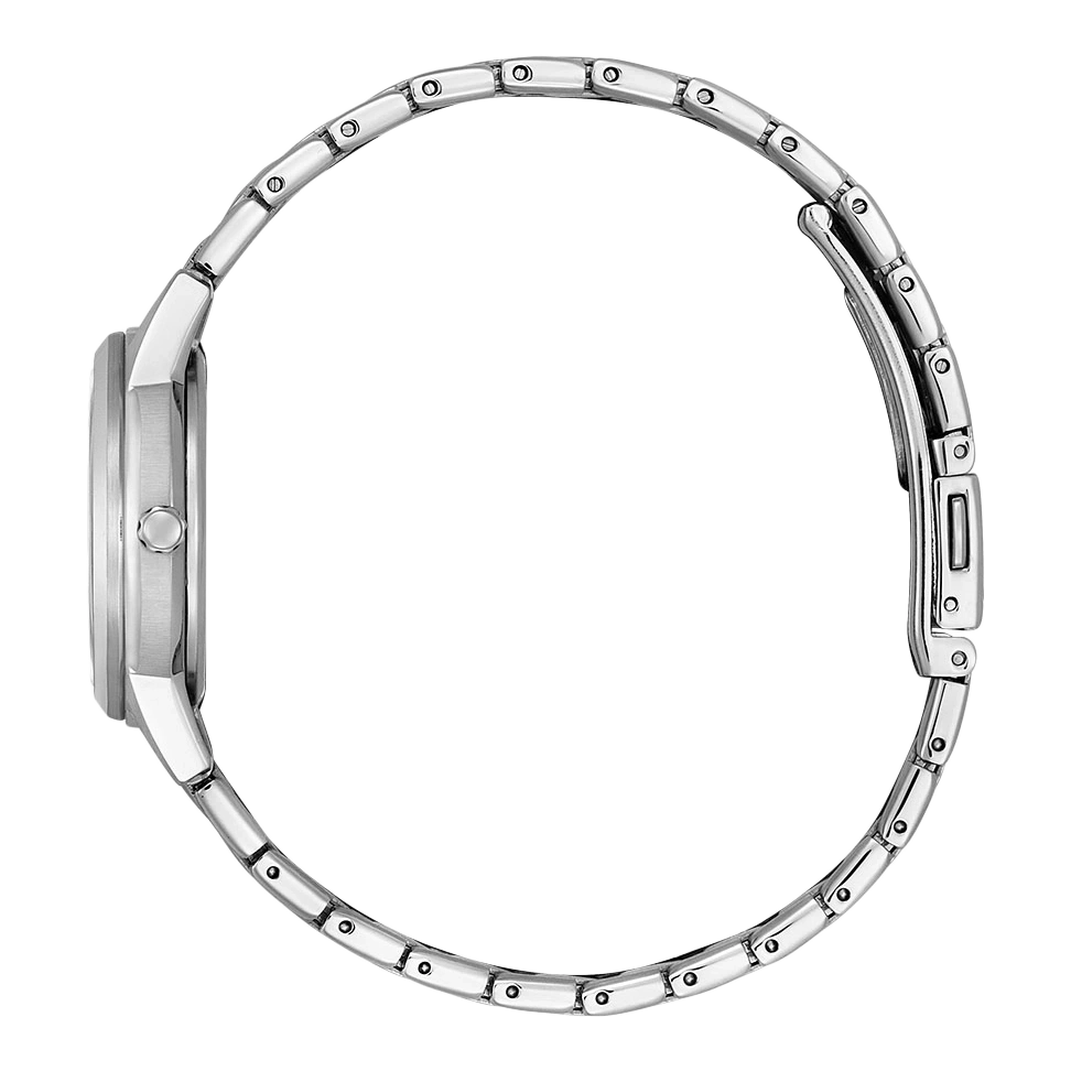 Silver watch with a metal strap, side view, elegant design, close-up shot