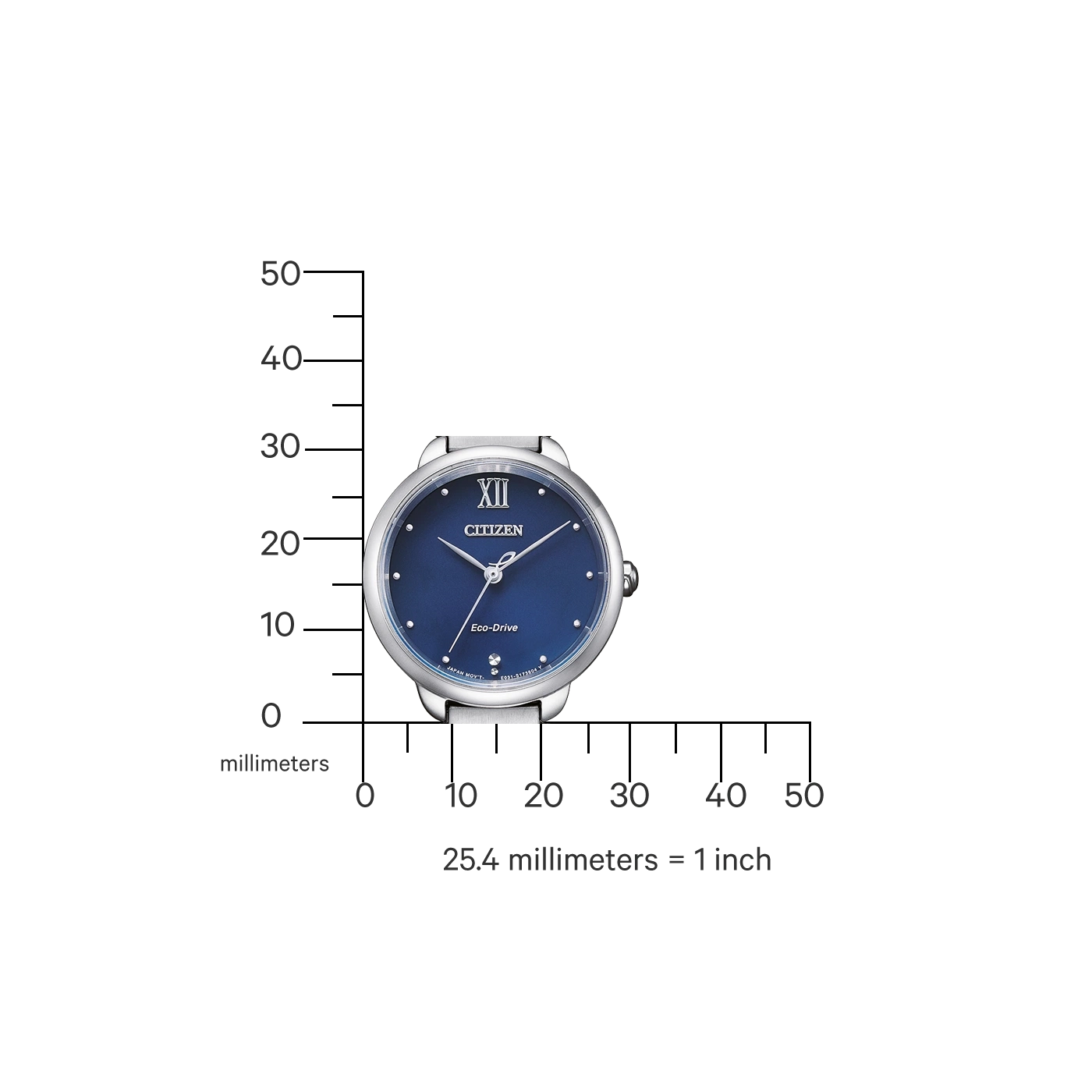 Citizen watch with blue face, silver band, and Eco-Drive technology.