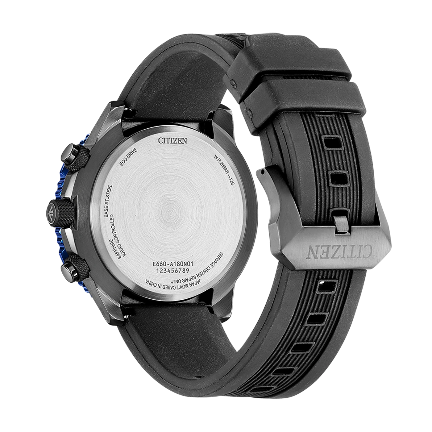 Citizen watch back, black strap, Eco-Drive, sapphire, radio controlled, Japan.