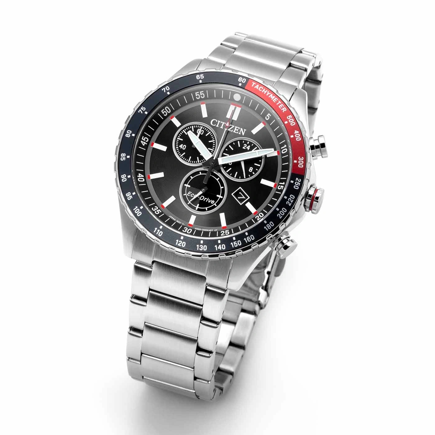 A Citizen Eco-Drive chronograph watch with a black dial and stainless steel band.