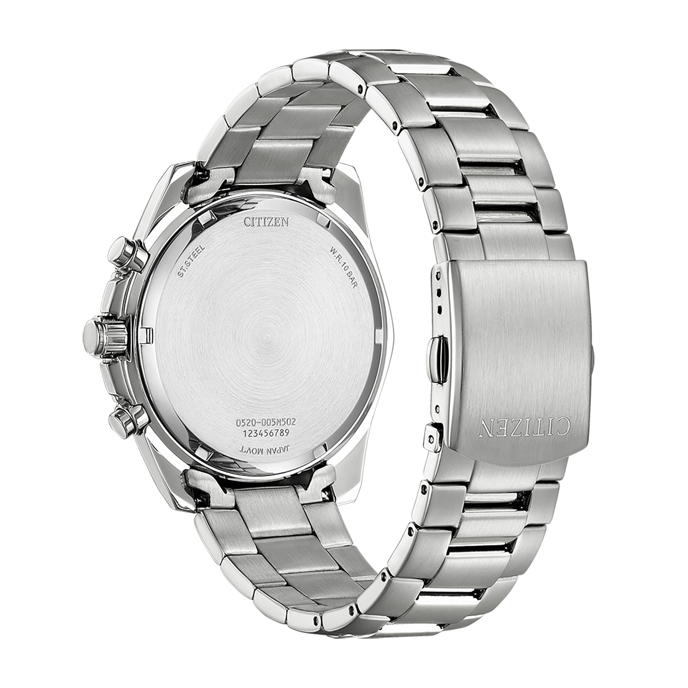 Citizen watch, stainless steel, silver, back view, W.R. 10 BAR, Japan Movt.