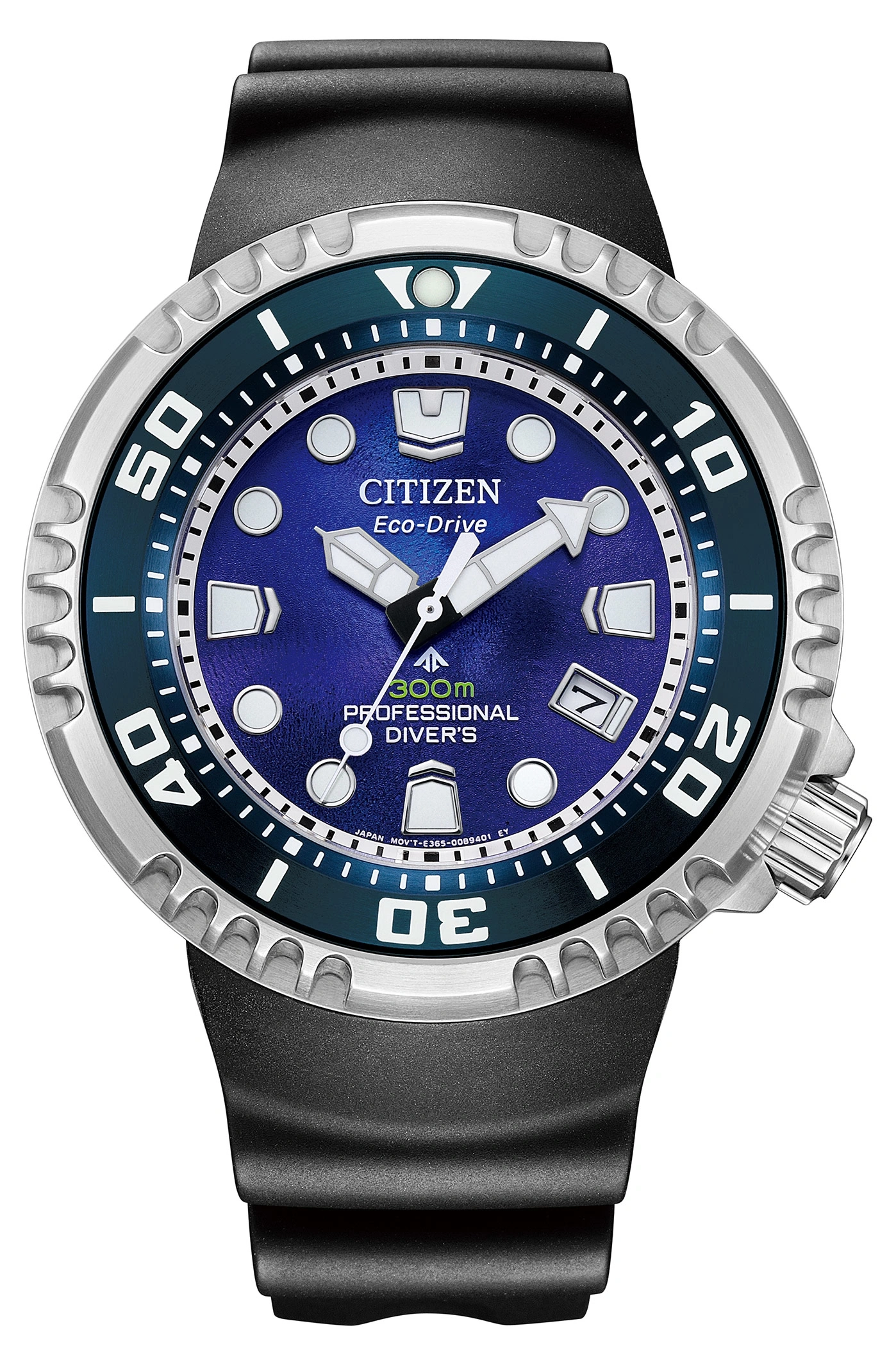 Citizen Eco-Drive watch with blue face, black band, and silver bezel. Professional diver's watch.
