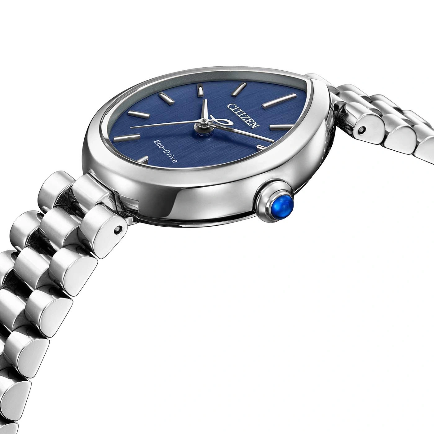 A close-up shot of a silver Citizen Eco-Drive watch with a blue dial.