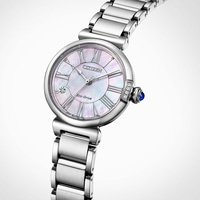 A close-up shot of a Citizen Eco-Drive watch with a mother-of-pearl dial and Roman numerals.