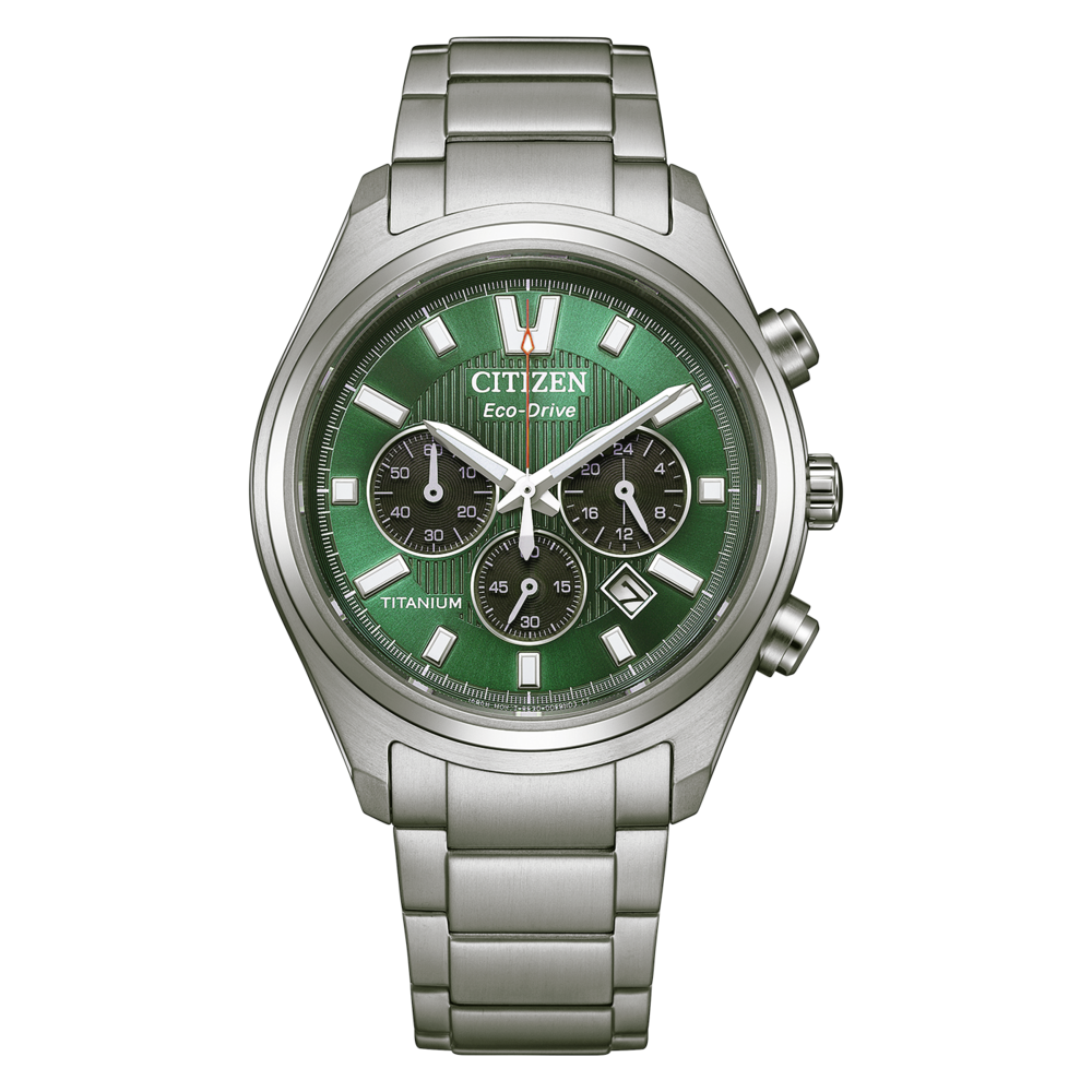 A Citizen Eco-Drive titanium watch with a green dial and silver band.