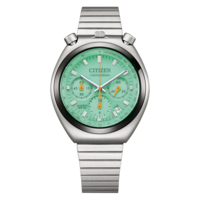 A mint green Citizen chronograph watch with a stainless steel band.