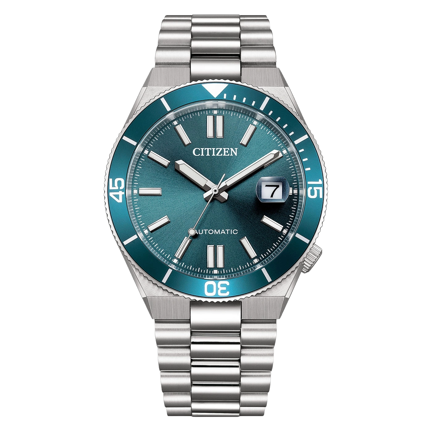 A close-up shot of a Citizen automatic watch with a teal dial and silver band.
