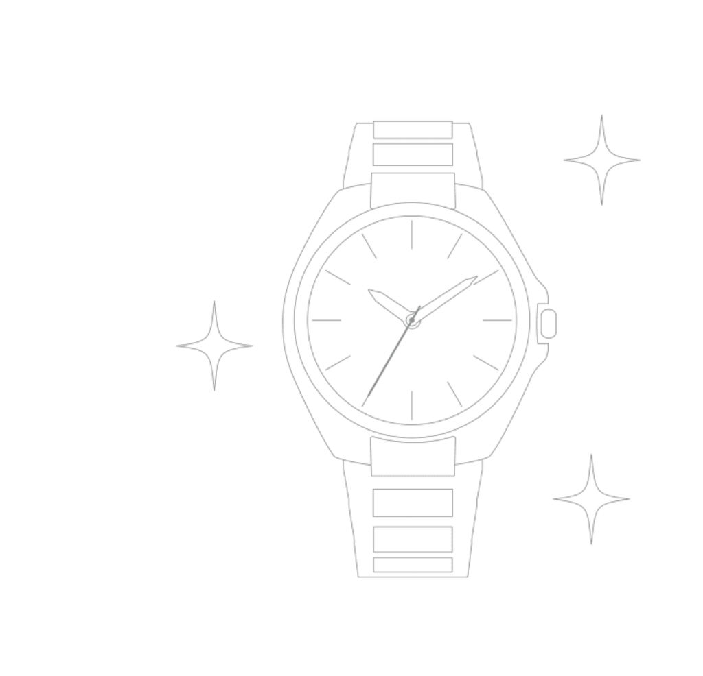 A watch with a metallic strap and three sparkles around it.
