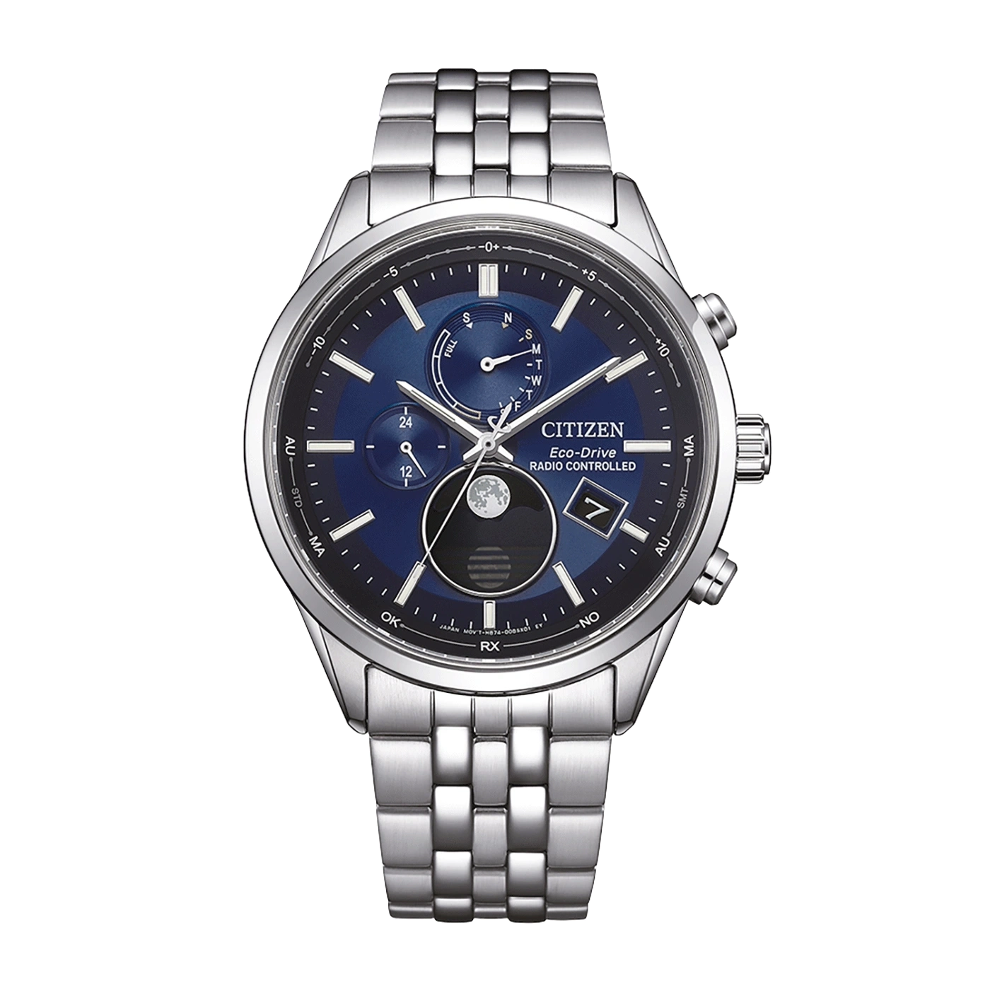 Citizen Eco-Drive watch with blue face, silver band, and radio controlled features.