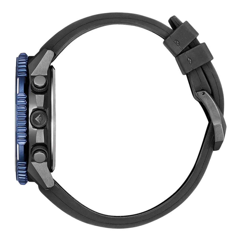 Side view of a black watch with a blue bezel and black strap.