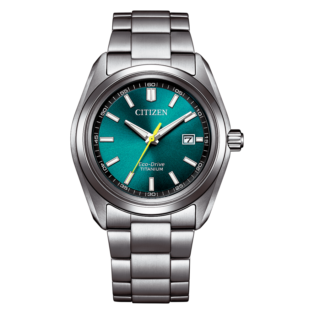 A Citizen Eco-Drive Titanium watch with a green dial and metal band.