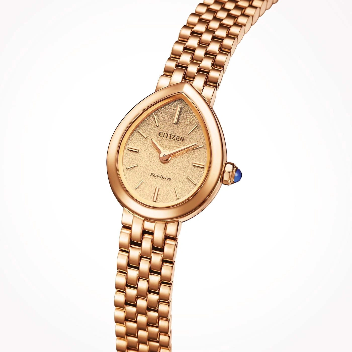 A rose gold Citizen watch with a teardrop-shaped face and blue accent.