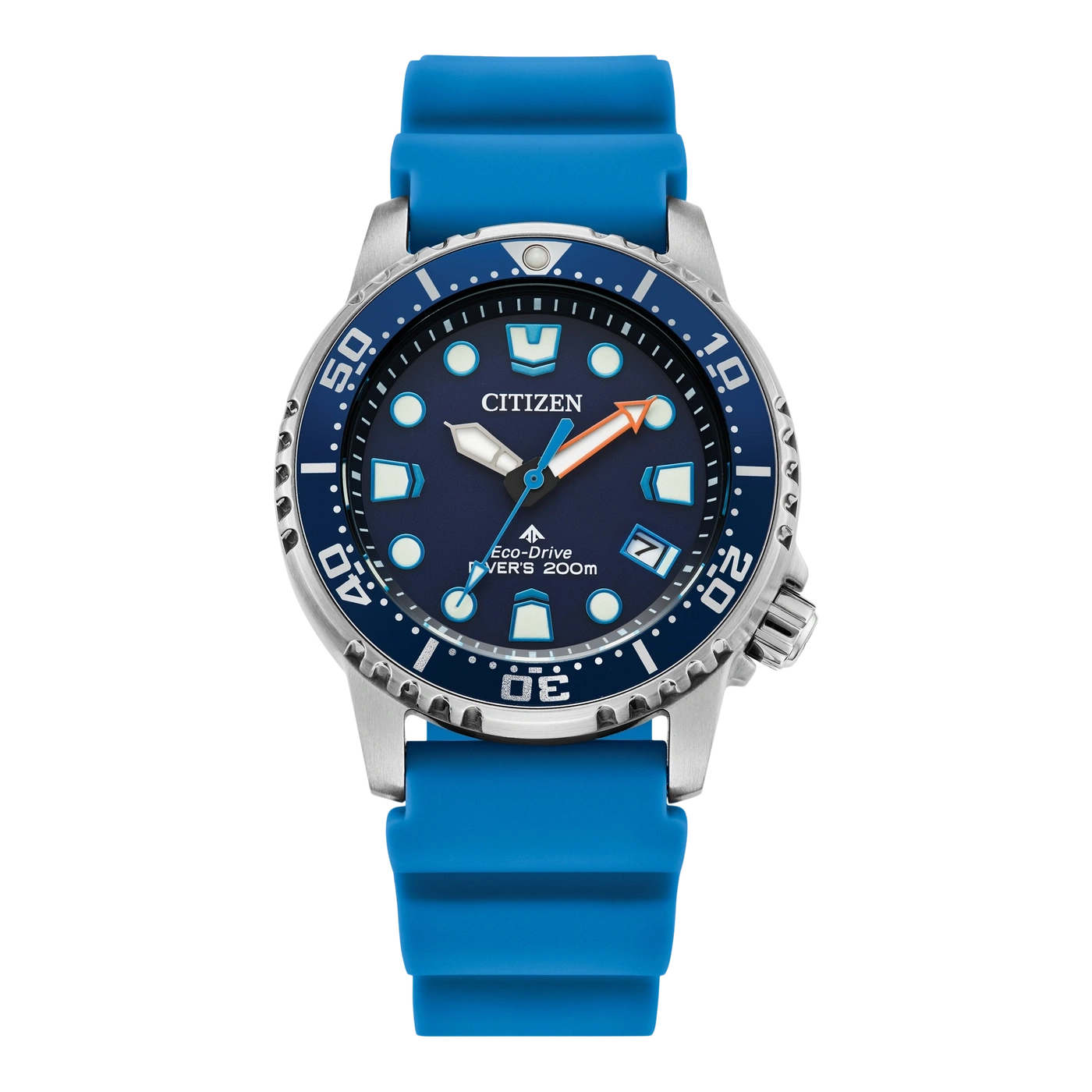 Citizen watch with blue dial and strap, stainless steel case, Eco-Drive technology