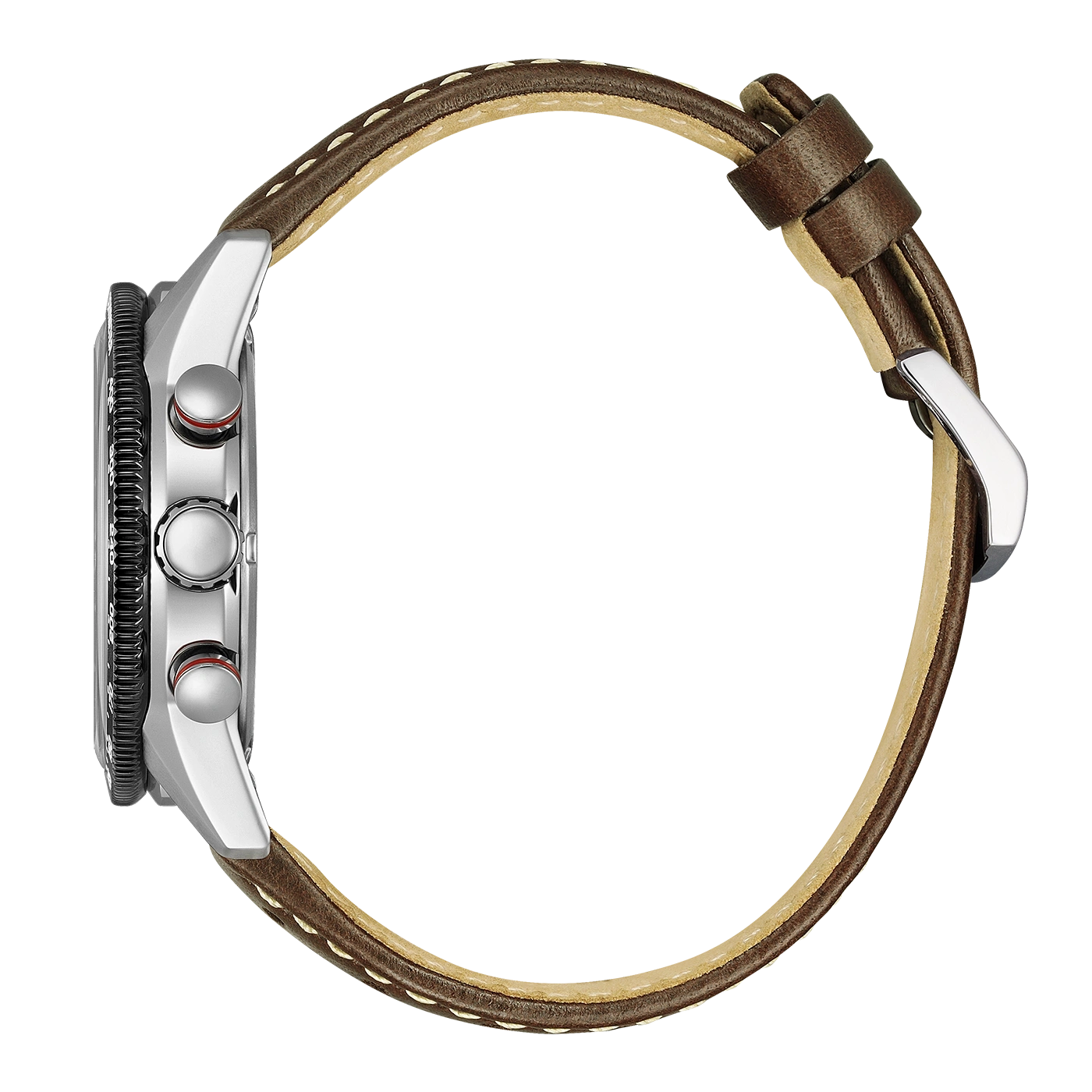 Side view of a silver watch with a brown leather strap and white stitching.
