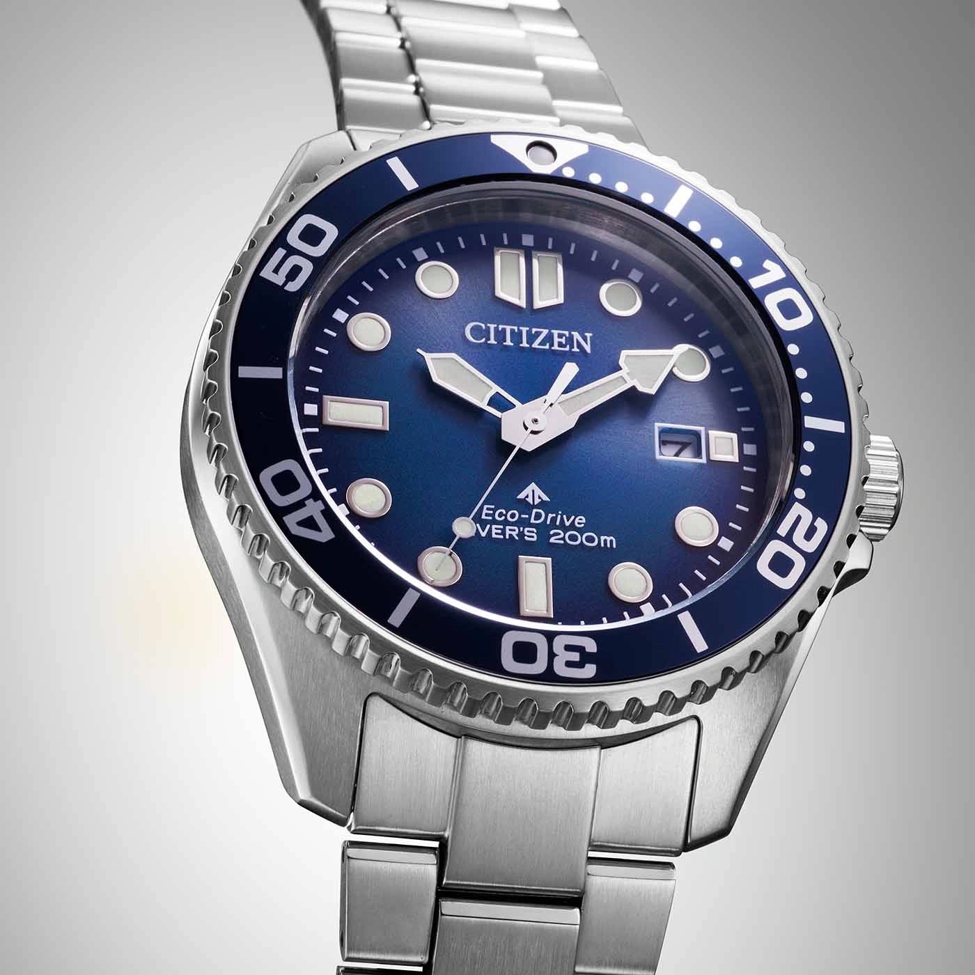 Citizen watch with blue face and silver band, Eco-Drive, diver's watch