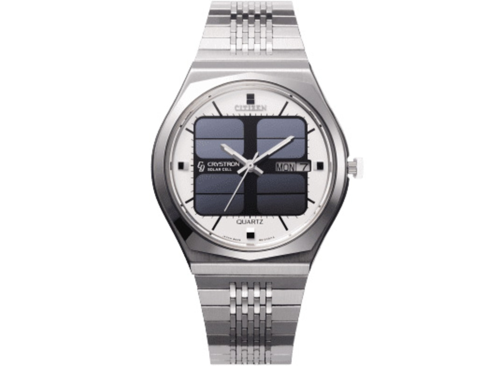 Citizen Crystron solar cell watch with a silver band and white face