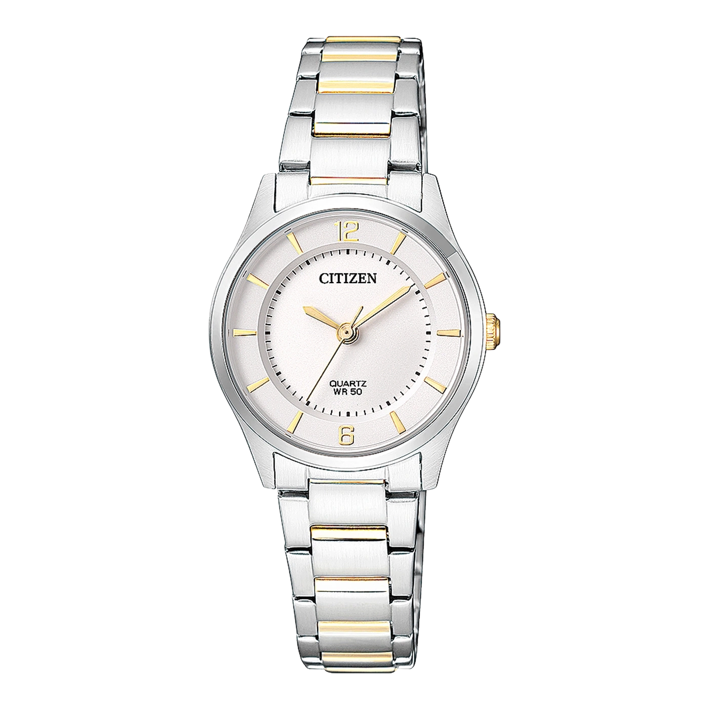 Citizen watch with silver and gold accents, white face, quartz movement