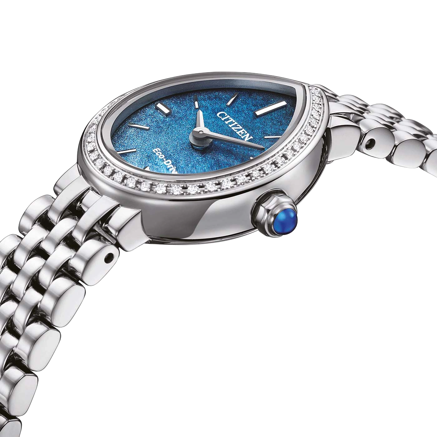 A close-up shot of a silver Citizen Eco-Drive watch with a blue dial and diamonds.