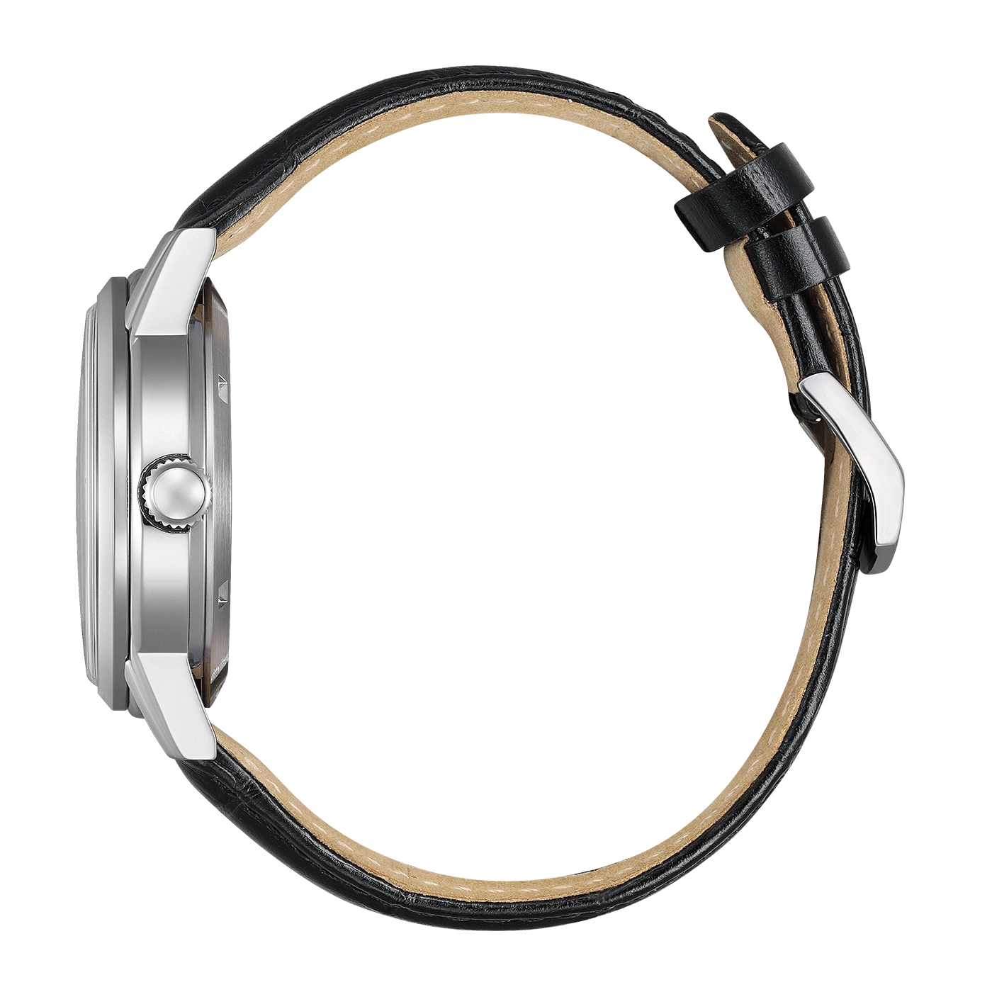 Side view of a black leather watch band with a silver buckle.