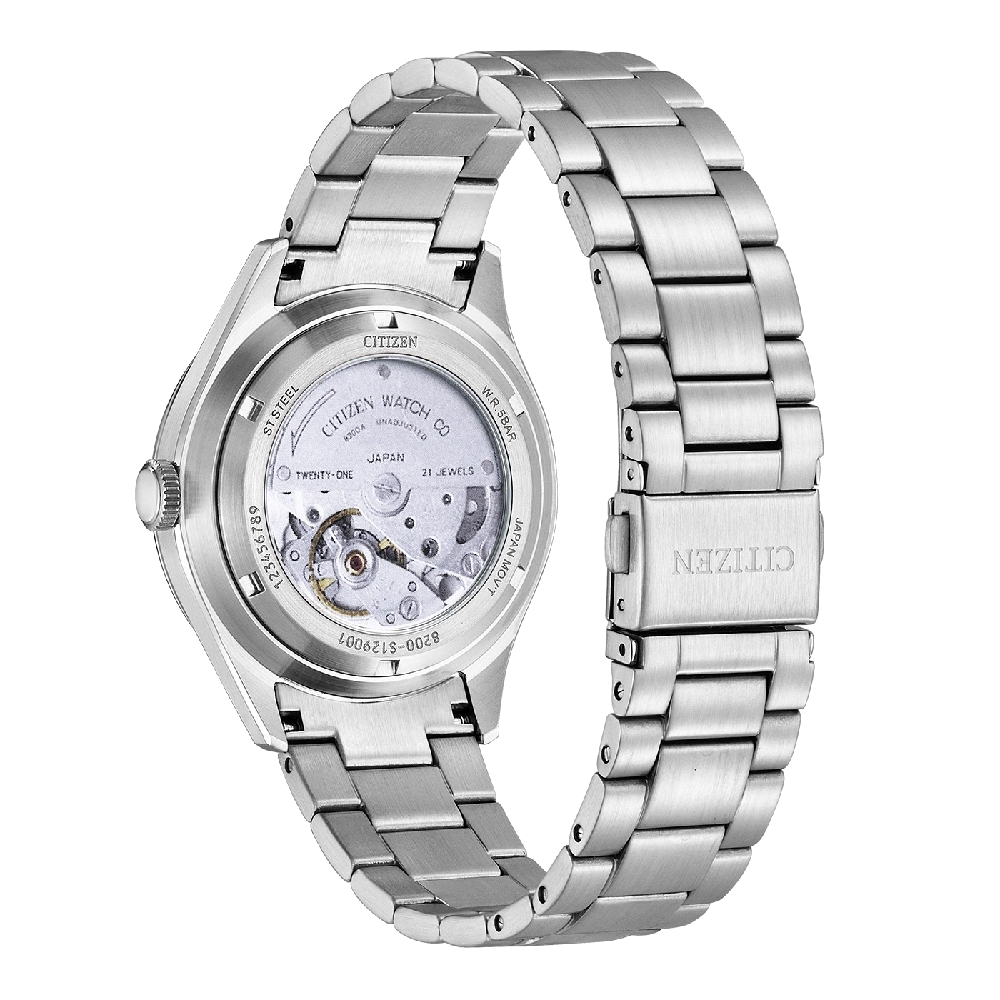 A brushed metal Citizen watch with an open caseback showing the movement and a metal bracelet.