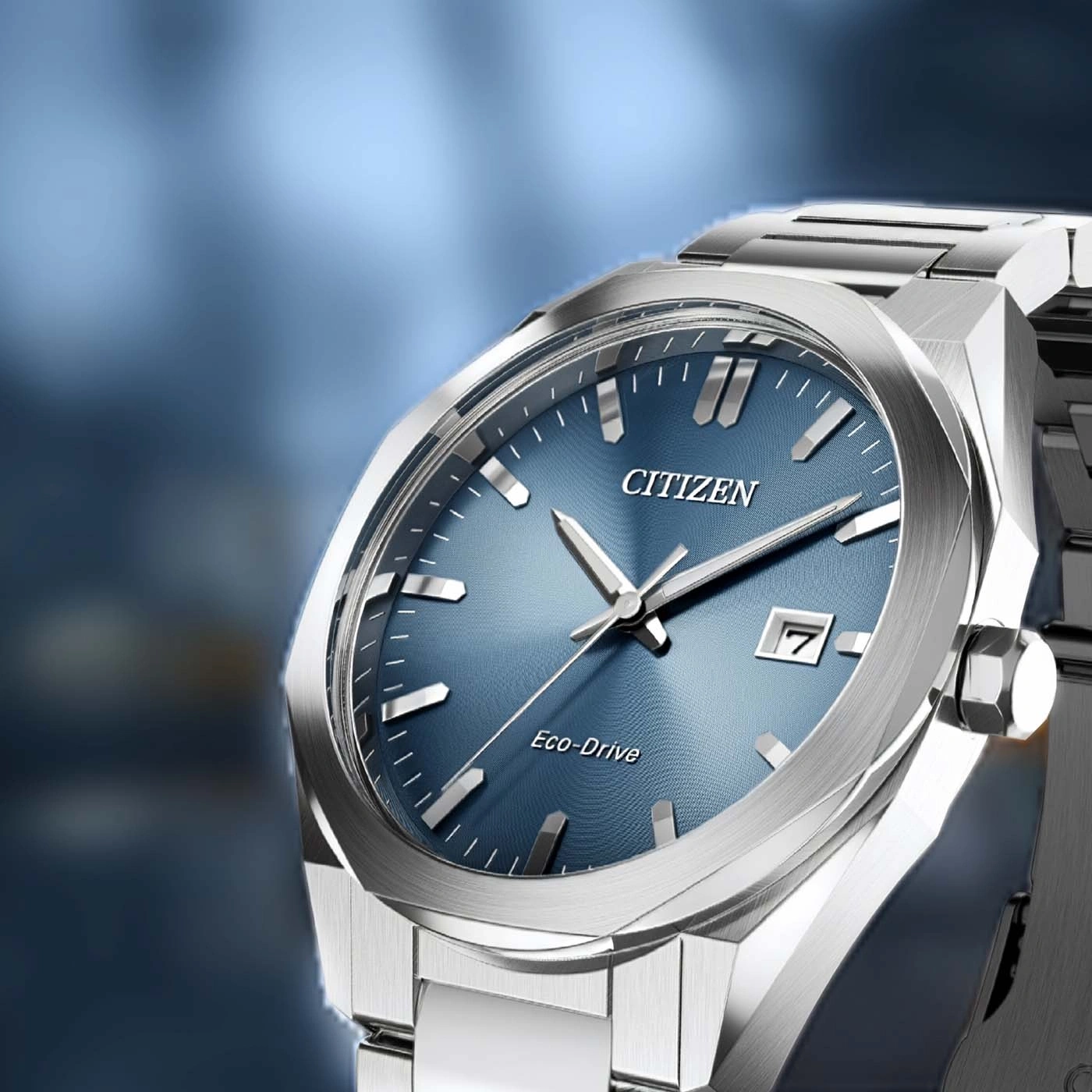 Close-up of a Citizen Eco-Drive watch with a blue dial.