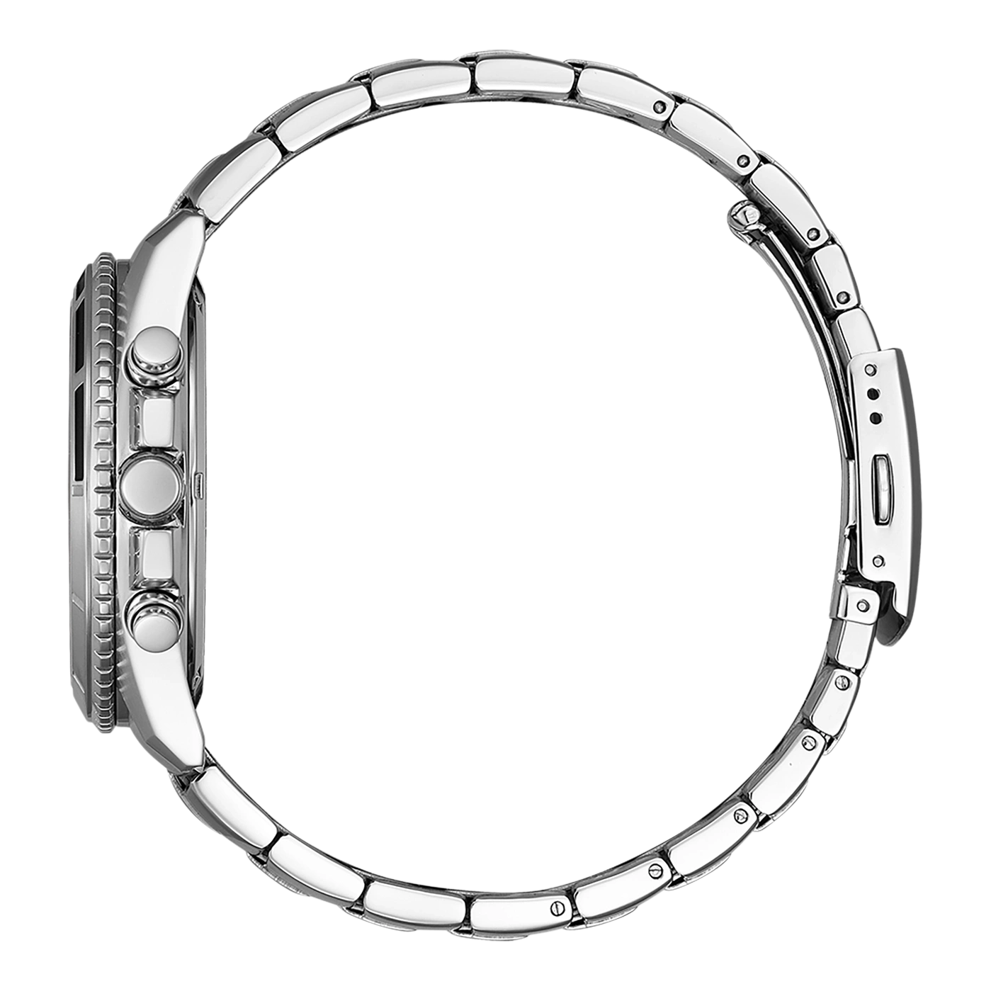 Silver watch with a metal strap, side view, chronograph design, elegant and modern.