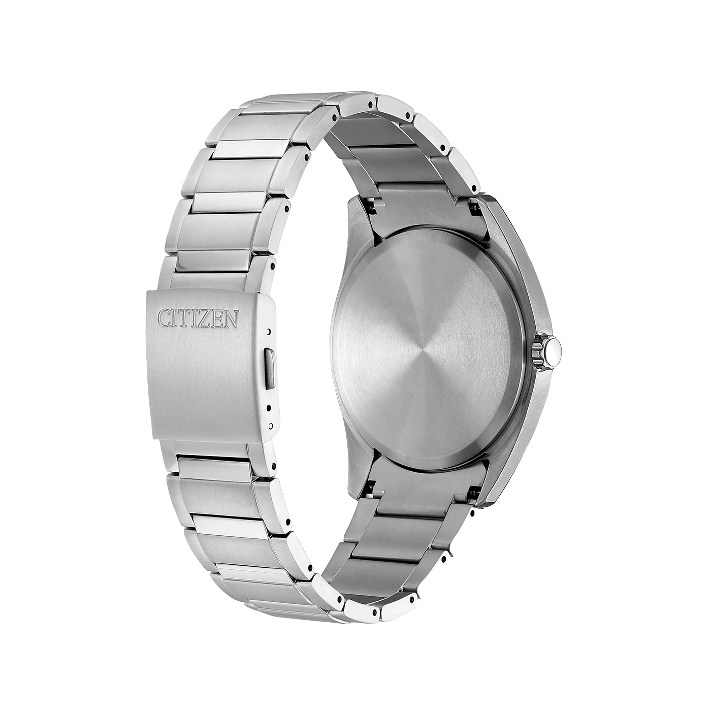 Citizen watch back view, stainless steel band, silver color, elegant design
