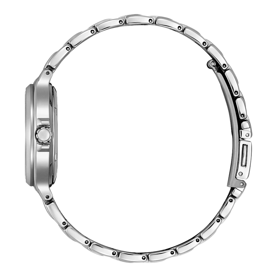 Silver watch with a circular band, side view, isolated on white background.
