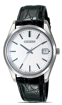 Citizen watch with a white face and black leather strap.