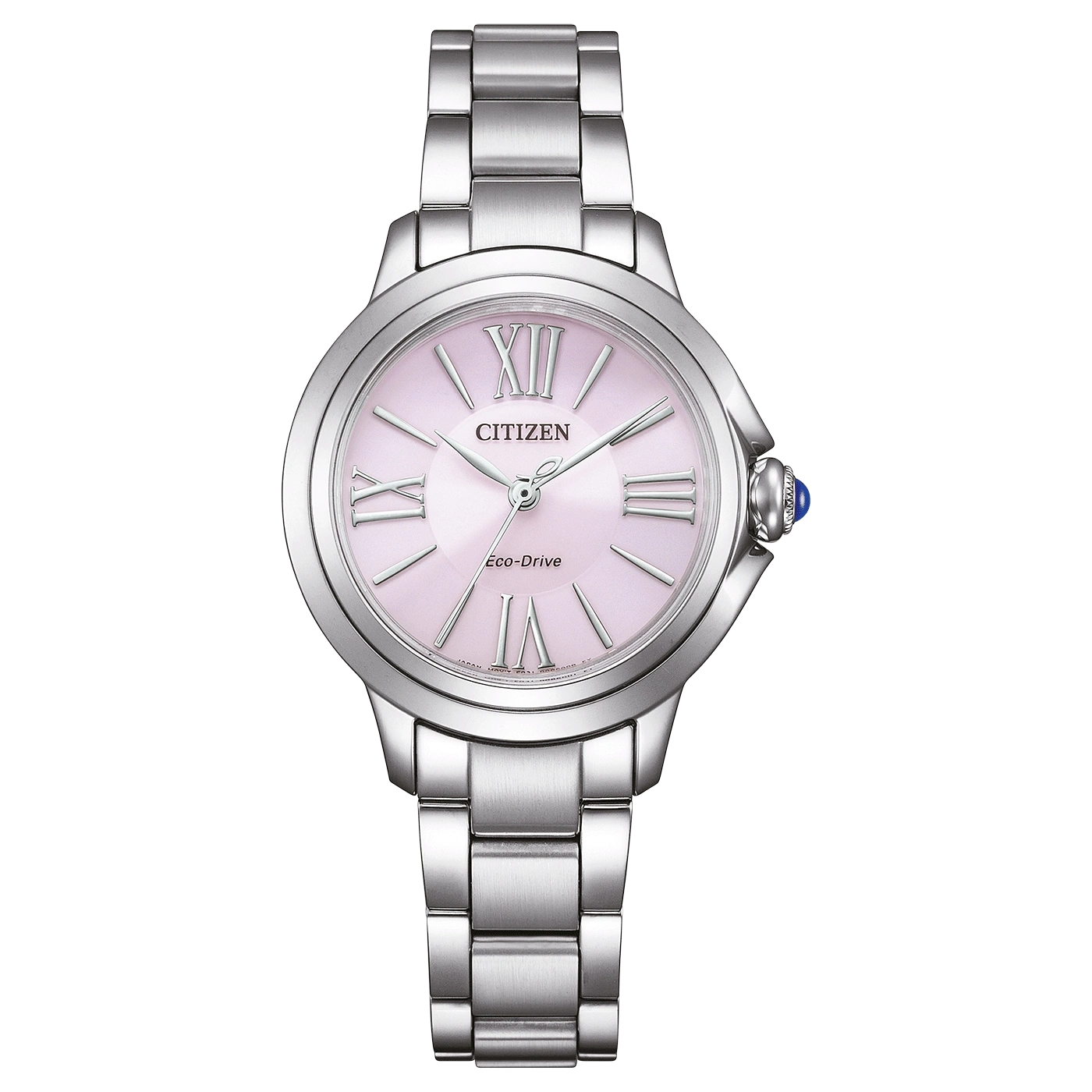 Citizen Eco-Drive watch with a pink face and silver band, elegant design.