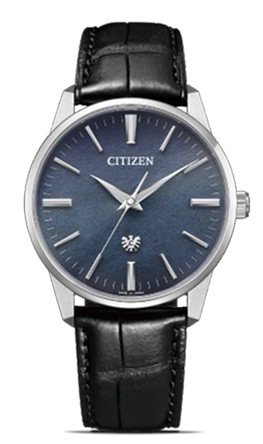 Citizen watch with a blue face and black leather strap.