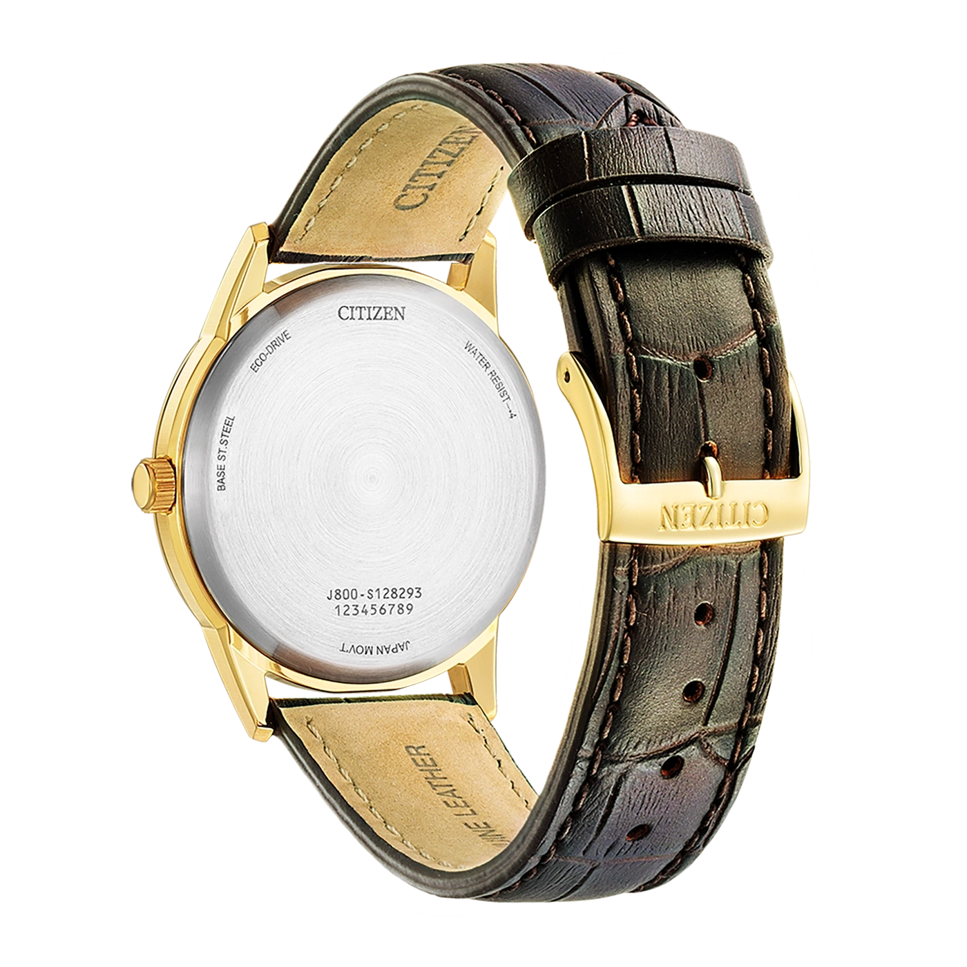 Citizen watch, gold case, leather strap, Eco-Drive, water resistant, Japan movt.