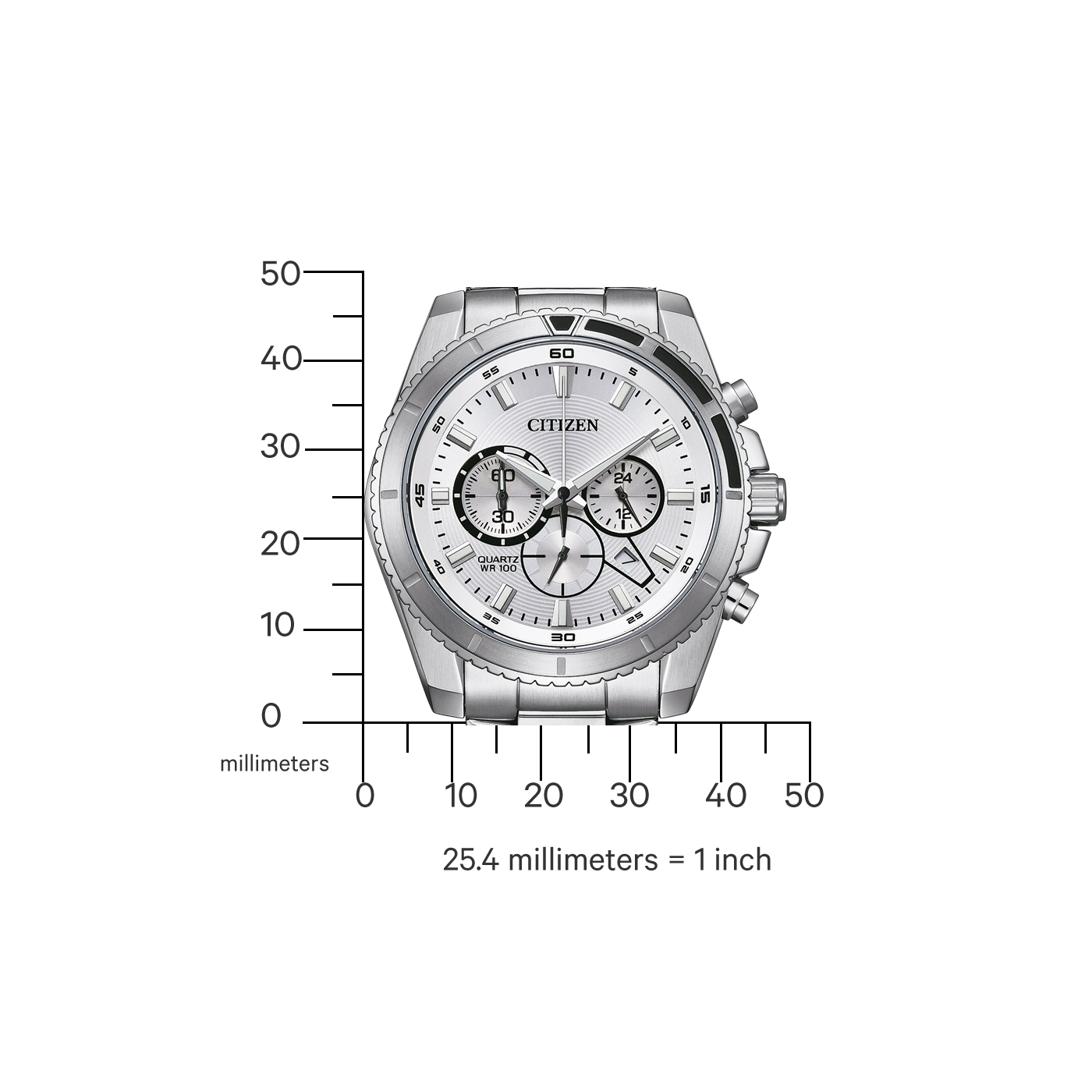 Citizen watch with silver band and white face, showing time and date.