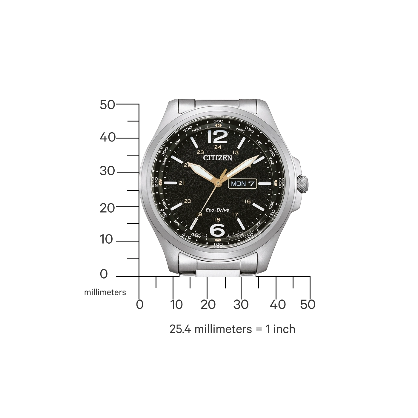 Citizen watch with black face, silver band, and date display. Eco-Drive technology.