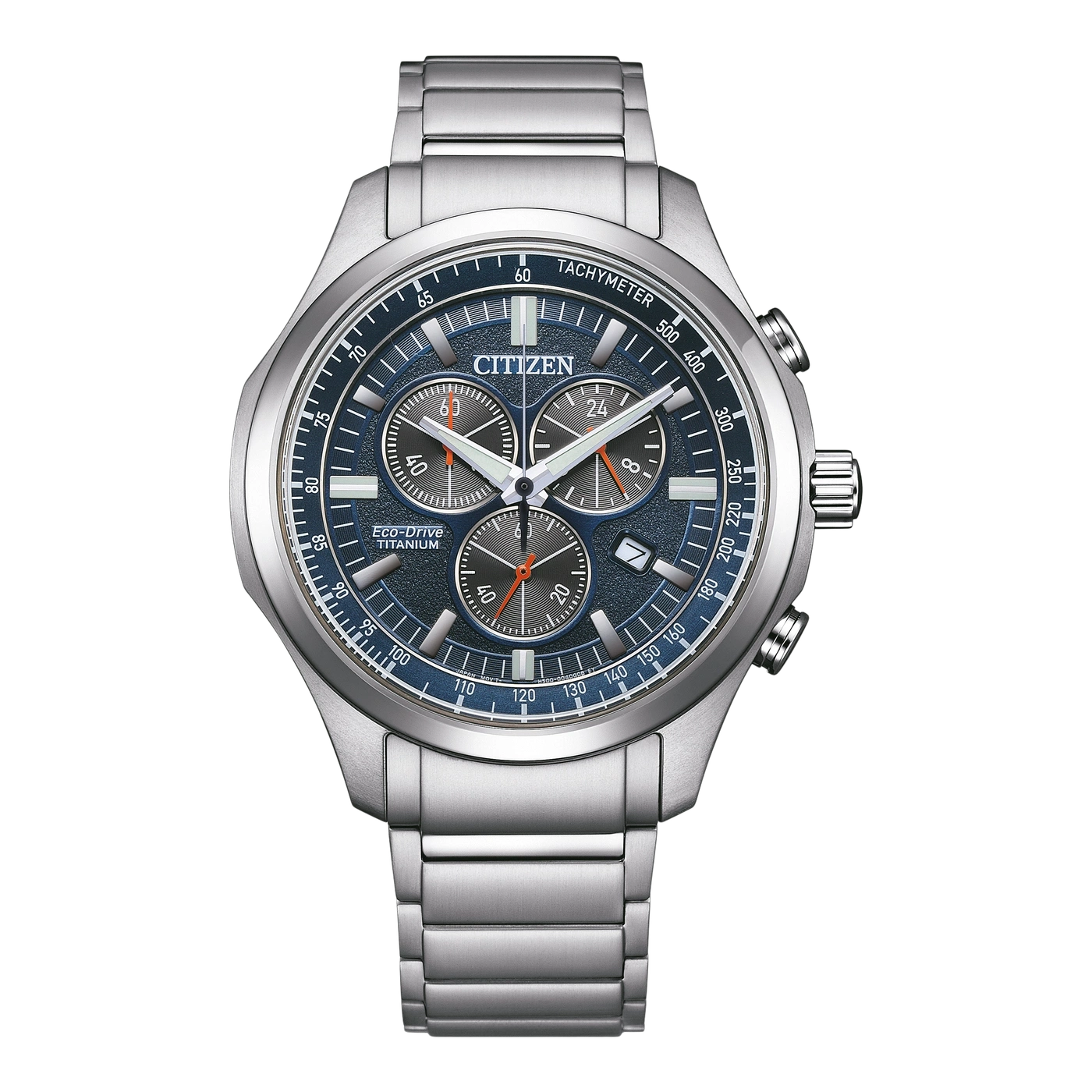 Citizen watch with blue dial, tachymeter, and titanium bracelet. Eco-Drive technology.