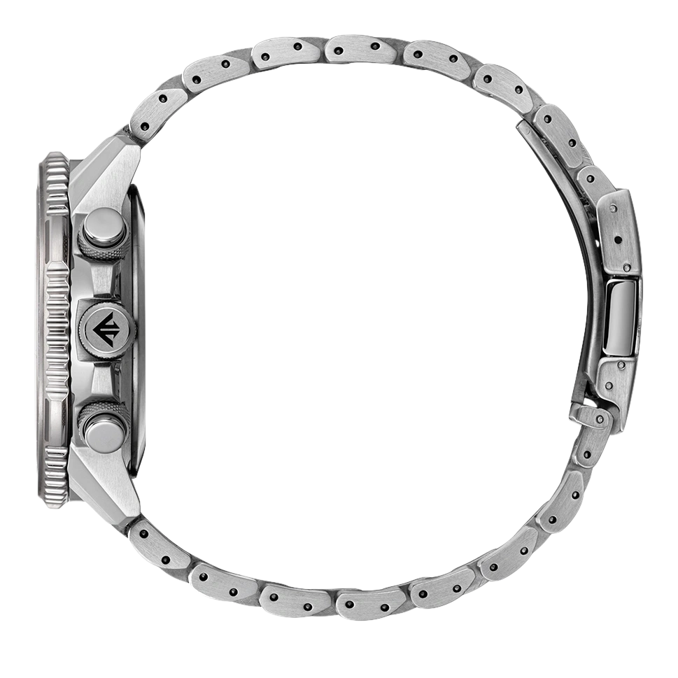 Side view of a silver wristwatch with a metal band and buttons.